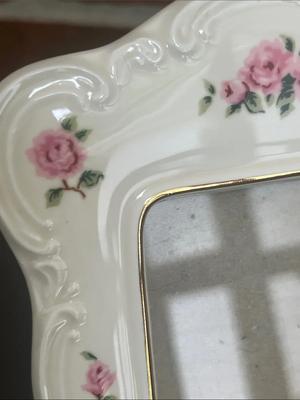 Vintage Picture Frame Set White China with Pink Rose Floral Accents Cottage Chic